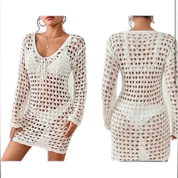 Hollow Out Crochet Lace Up Knitted Beach Summer Cover-Up Dress, Size L, NWOT - Picture 5 of 10